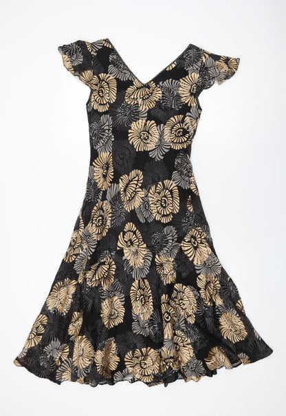 CC Womens Black Floral Viscose Shift Size 8 V-Neck Pullover