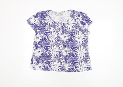 Roman Womens Blue Floral Viscose Basic T-Shirt Size L Round Neck