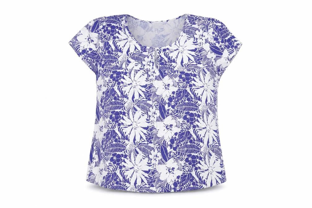 Roman Womens Blue Floral Viscose Basic T-Shirt Size L Round Neck