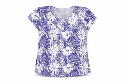 Roman Womens Blue Floral Viscose Basic T-Shirt Size L Round Neck