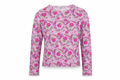 Front view of Dubbster girls’ purple floral polyamide basic t-shirt, size 12, years round neck pullover