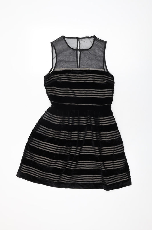 Jack Wills Womens Black Striped Viscose Skater Dress Size 6 Round Neck Zip