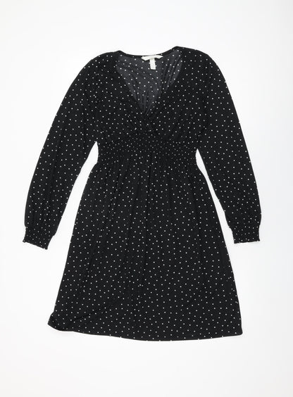 H&M Womens Black Polka Dot Polyester Shift Size S V-Neck Pullover
