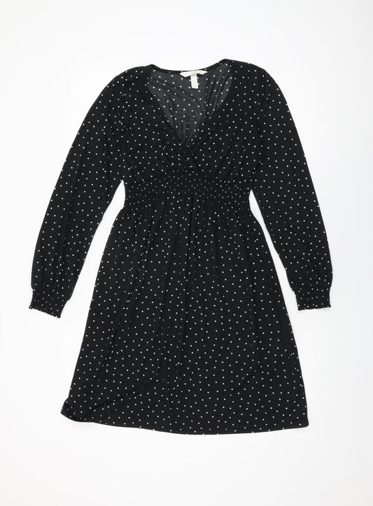 H&M Womens Black Polka Dot Polyester Shift Size S V-Neck Pullover