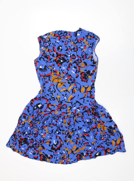 Closet Womens Blue Geometric Viscose Skater Dress Size 10 V-Neck Pullover