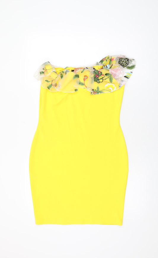 Ayanapa Womens Yellow Floral Polyester Bodycon Size 14 Off the Shoulder Pullover