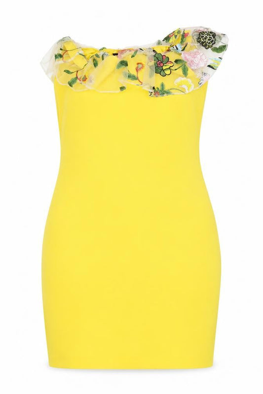 Ayanapa Womens Yellow Floral Polyester Bodycon Size 14 Off the Shoulder Pullover