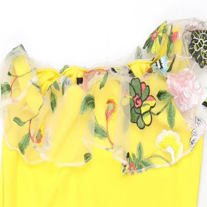 Ayanapa Womens Yellow Floral Polyester Bodycon Size 14 Off the Shoulder Pullover