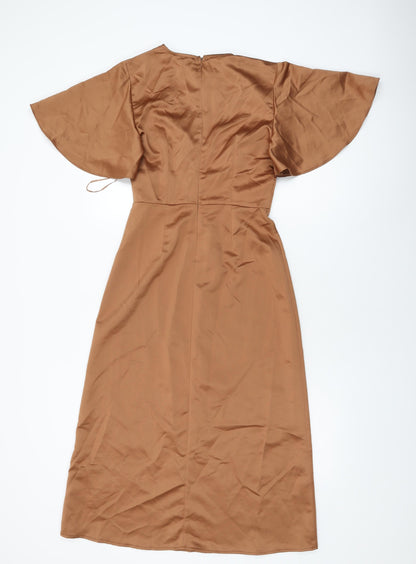 PRETTYLITTLETHING Womens Brown Polyester Shift Size 8 V-Neck Zip