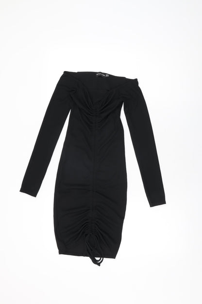 PRETTYLITTLETHING Womens Black Polyester Bodycon Size 6 Off the Shoulder Drawstring