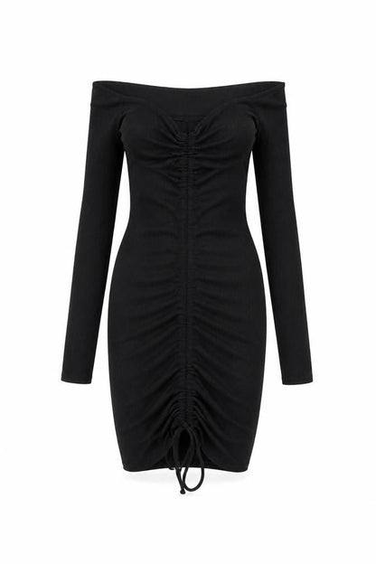 PRETTYLITTLETHING Womens Black Polyester Bodycon Size 6 Off the Shoulder Drawstring