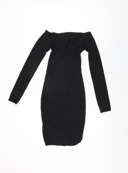 PRETTYLITTLETHING Womens Black Polyester Bodycon Size 6 Off the Shoulder Drawstring