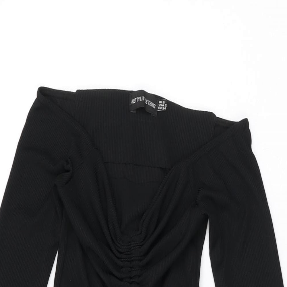 PRETTYLITTLETHING Womens Black Polyester Bodycon Size 6 Off the Shoulder Drawstring