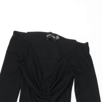 PRETTYLITTLETHING Womens Black Polyester Bodycon Size 6 Off the Shoulder Drawstring