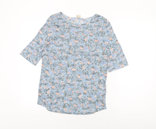Cotton Traders Womens Blue Floral Cotton Basic T-Shirt Size 10 Round Neck