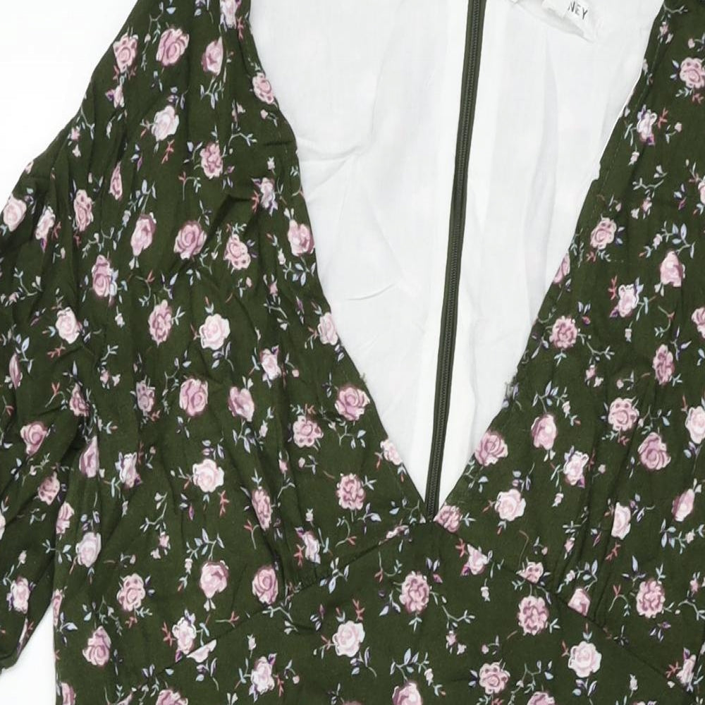 Wild Honey Womens Green Floral Rayon Shift Size XL V-Neck Zip