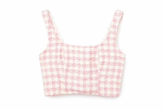 Front view of ASOS women’s pink geometric polyester cropped t-shirt, size UK 8, square neck
