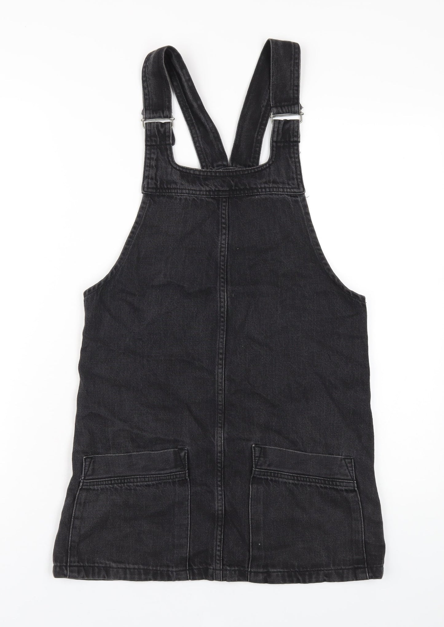 Topshop Womens Black Cotton Pinafore/Dungaree Dress Size 6 Square Neck Pullover