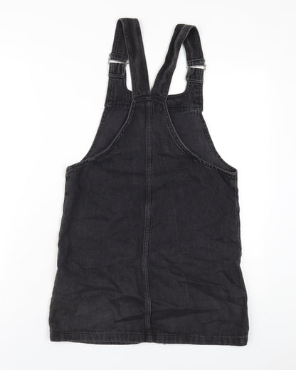 Topshop Womens Black Cotton Pinafore/Dungaree Dress Size 6 Square Neck Pullover