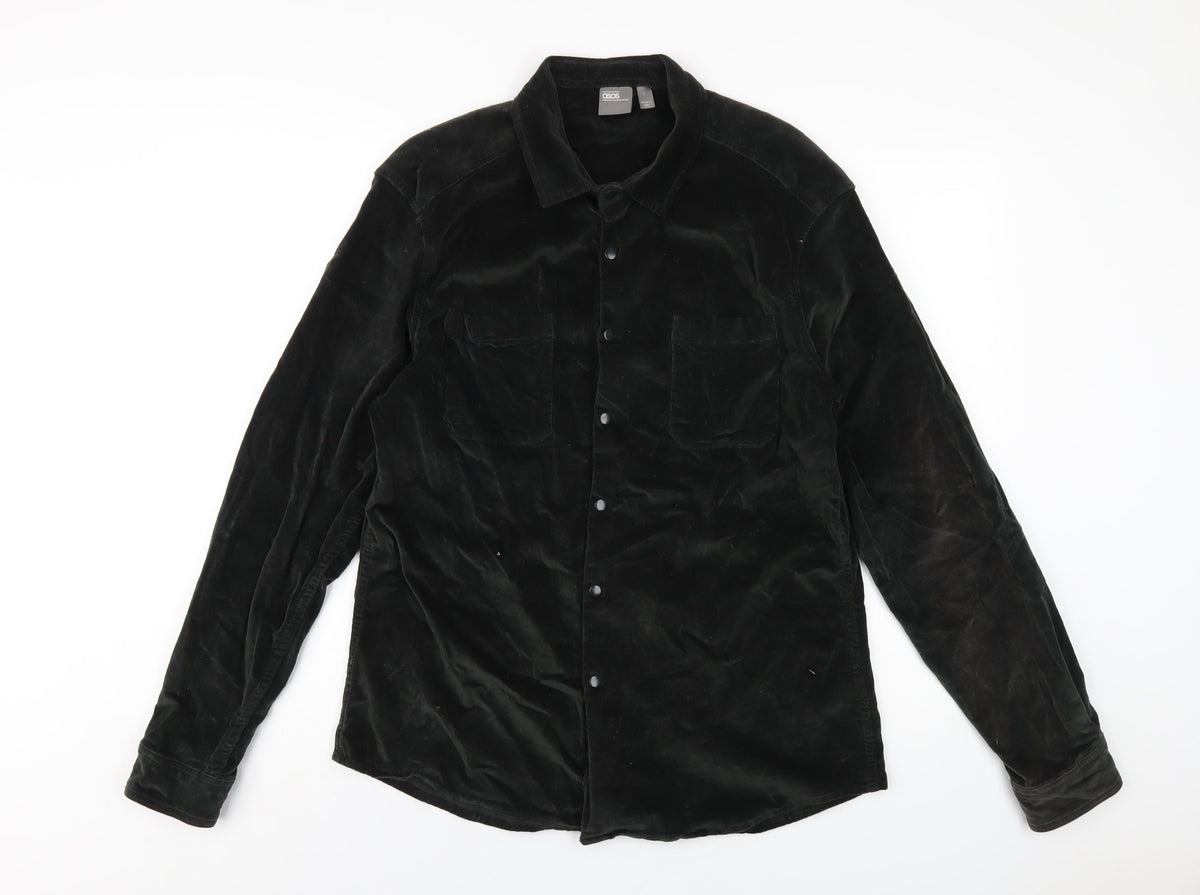 Additional front view of ASOS men’s green cotton button-up, size L, collared snap