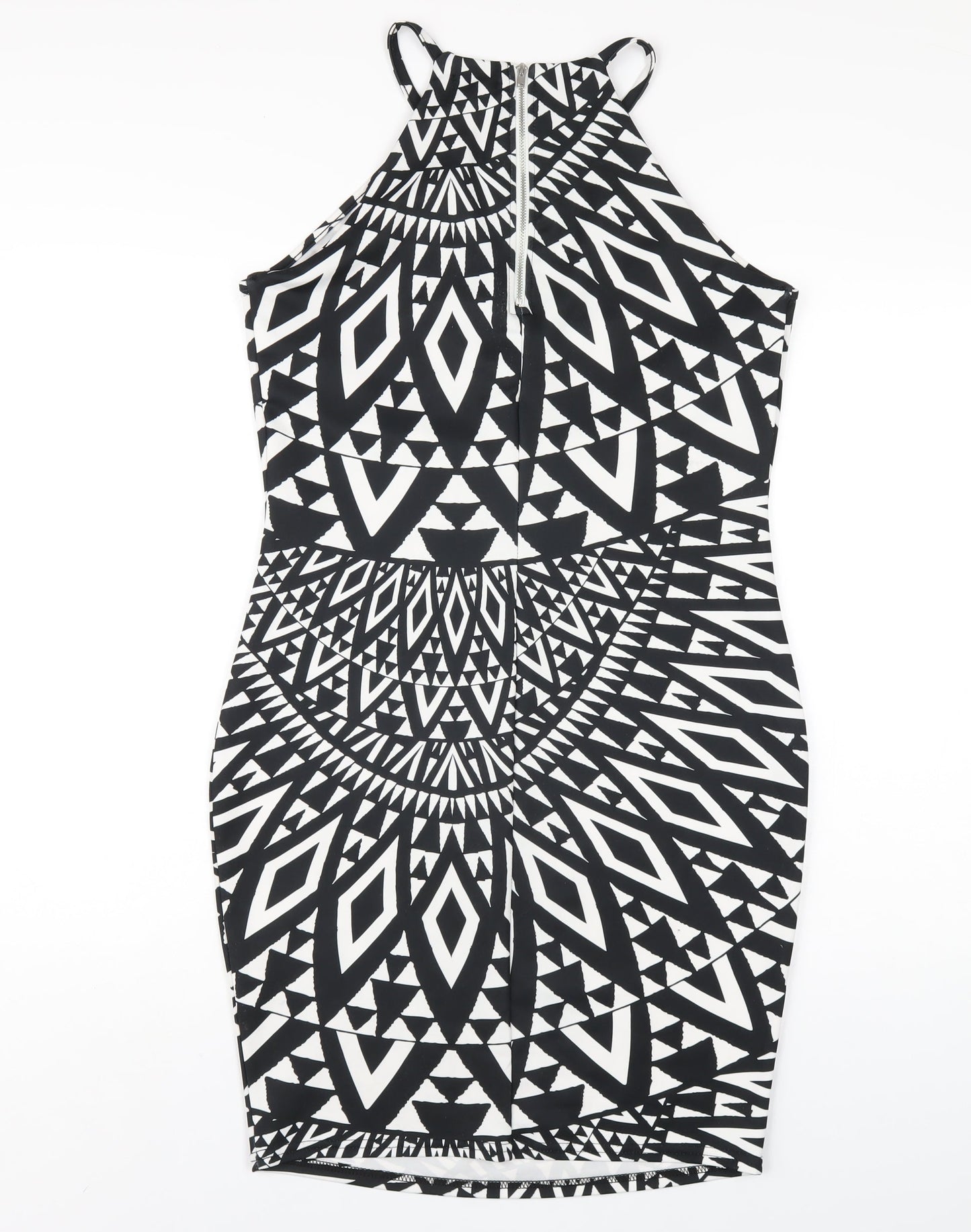 River Island Womens Black Geometric Polyester Bodycon Size 14 Round Neck Zip