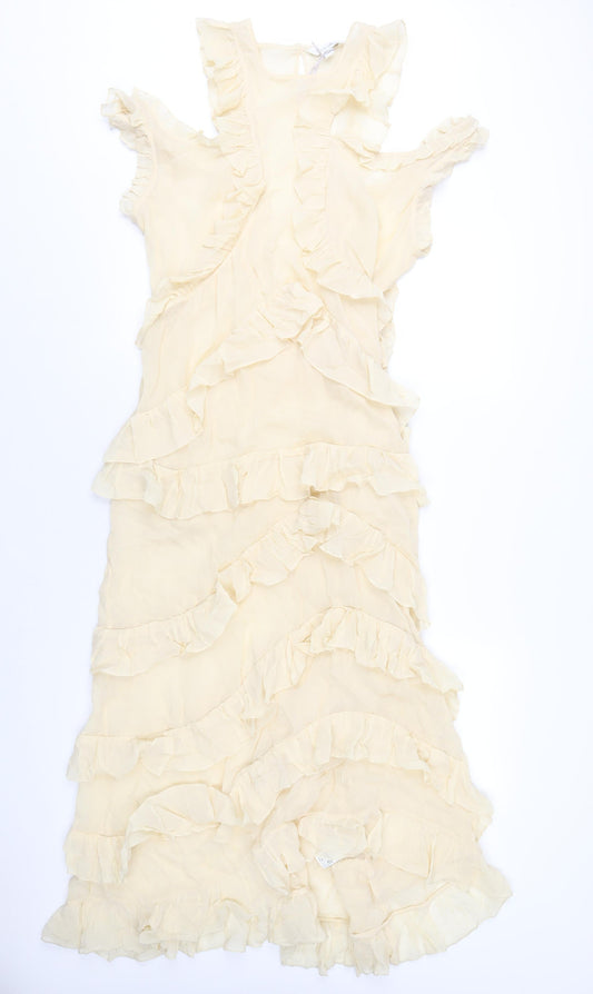 Marks and Spencer Womens Beige Viscose A-Line Size 14 Round Neck Button