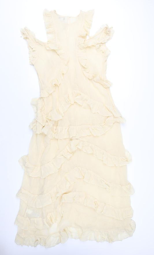 Marks and Spencer Womens Beige Viscose A-Line Size 14 Round Neck Button