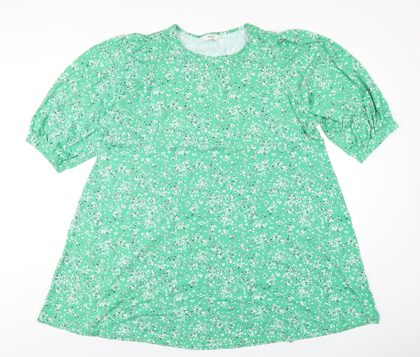 Marks and Spencer Womens Green Floral Viscose A-Line Size 24 Round Neck Pullover