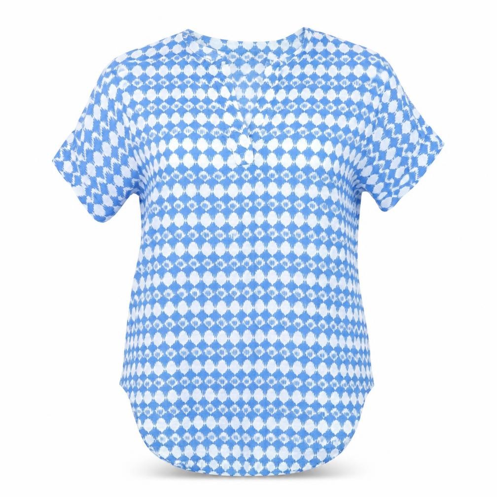 Marks & Spencer Womens Blue Geometric Linen Basic T-Shirt Size 6 V-Neck