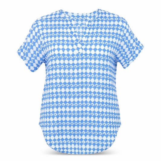 Marks & Spencer Womens Blue Geometric Linen Basic T-Shirt Size 6 V-Neck