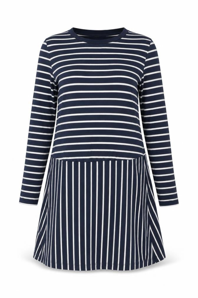 Mama-licious Womens Blue Striped Polyester Shift Size L Round Neck Pullover