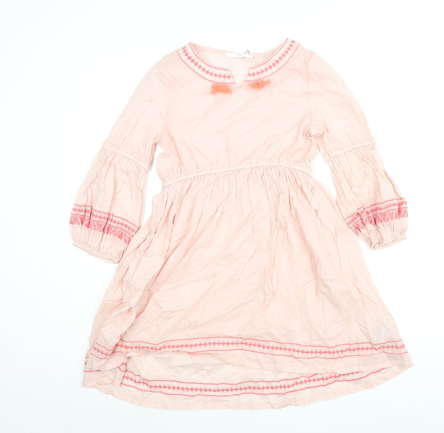 Marks and Spencer Girls Pink Cotton A-Line Size 11-12 Years Round Neck Pullover - Embroidered Tassle