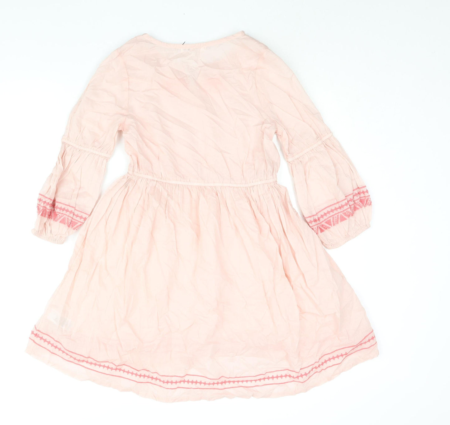 Marks and Spencer Girls Pink Cotton A-Line Size 11-12 Years Round Neck Pullover - Embroidered Tassle