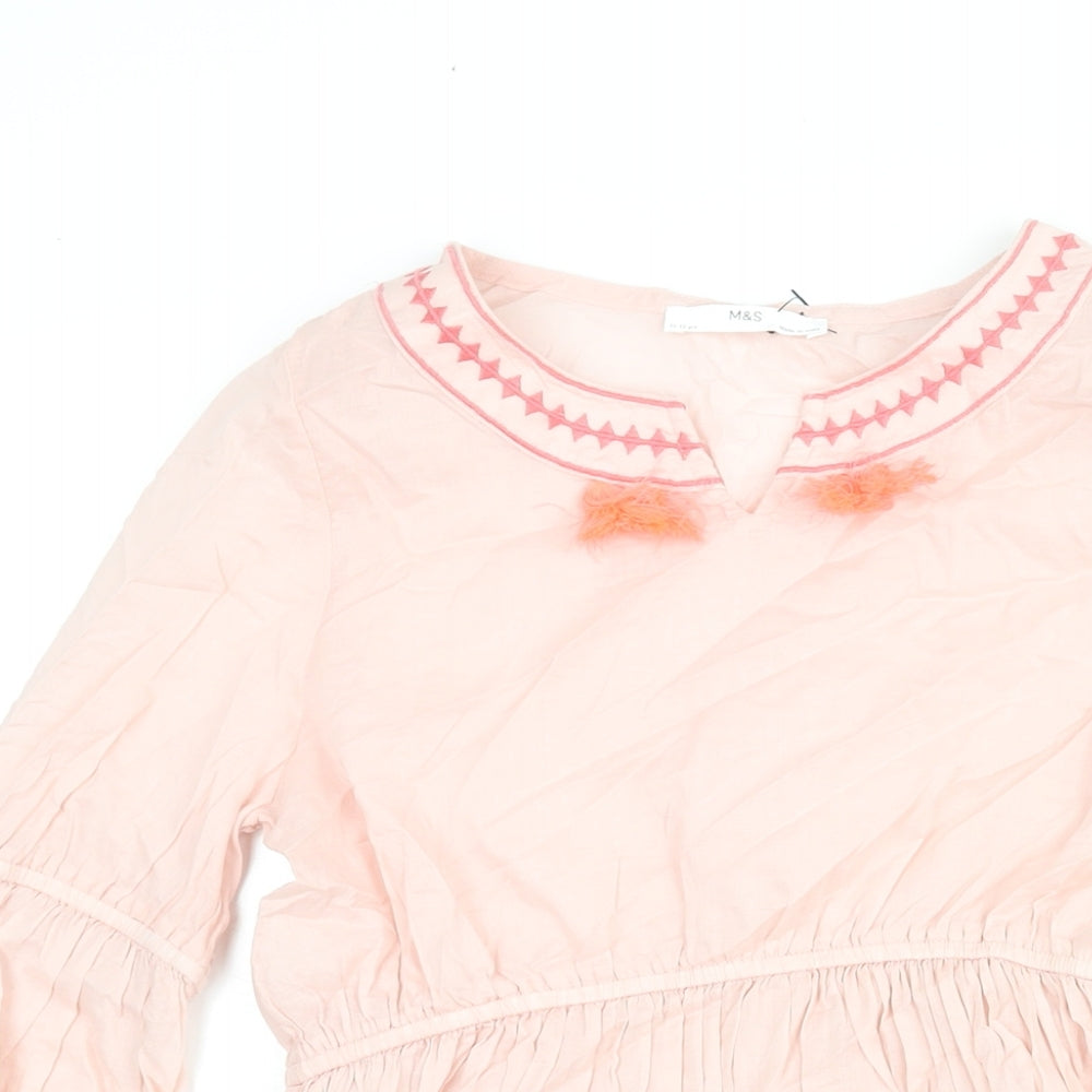Marks and Spencer Girls Pink Cotton A-Line Size 11-12 Years Round Neck Pullover - Embroidered Tassle