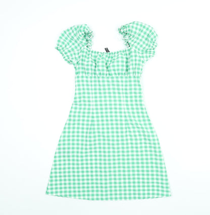 Divided by H&M Womens Green Gingham Polyester A-Line Size 4 Sweetheart Button