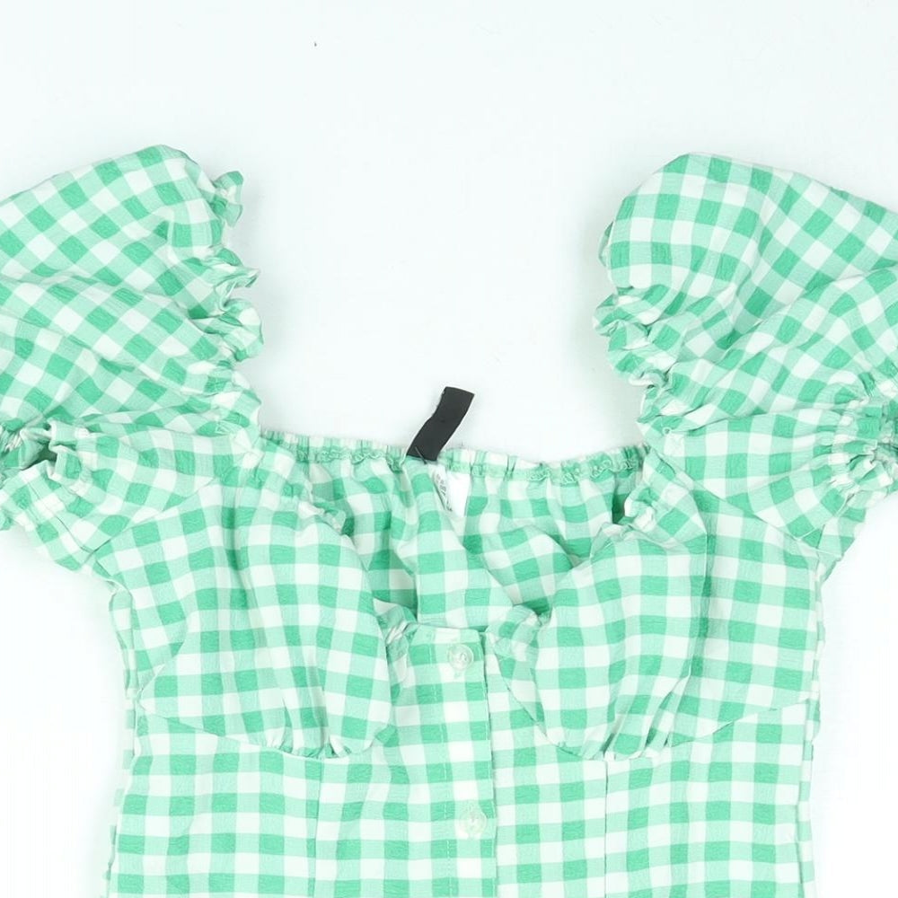 Divided by H&M Womens Green Gingham Polyester A-Line Size 4 Sweetheart Button
