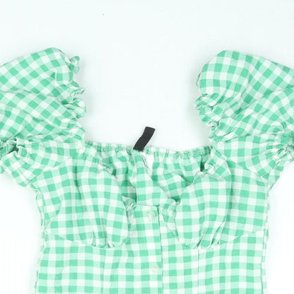 Divided by H&M Womens Green Gingham Polyester A-Line Size 4 Sweetheart Button