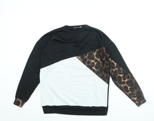 Boohoo Womens Black Colourblock Polyester Pullover Sweatshirt Size 10 Pullover - Leopard Print Panel