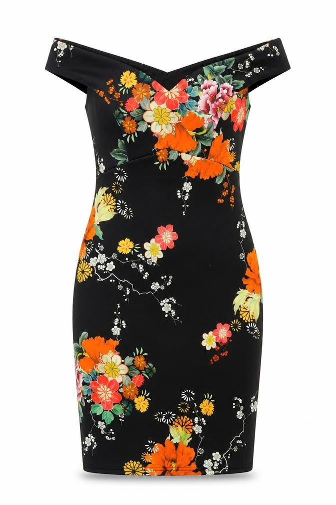 Red Herring Womens Black Floral Polyester Bodycon Size 10 Off the Shoulder Pullover