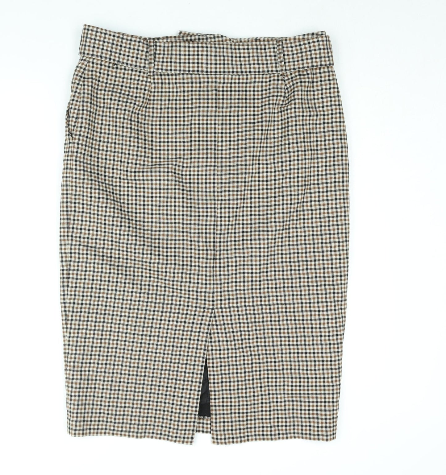 Marks and Spencer Womens Brown Check Polyester Straight & Pencil Skirt Size 16 Zip - Belted