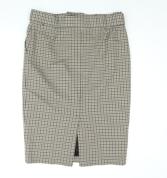 Marks and Spencer Womens Brown Check Polyester Straight & Pencil Skirt Size 16 Zip - Belted