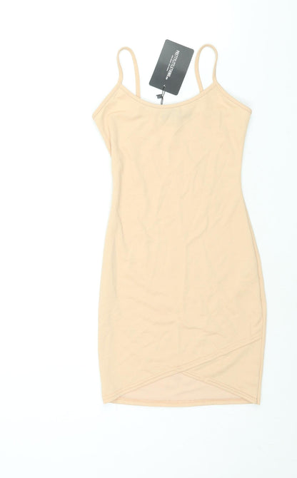 PRETTYLITTLETHING Womens Beige Polyester Mini Size 8 Scoop Neck Pullover