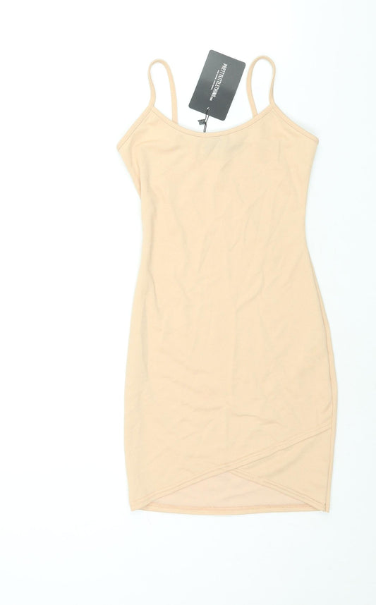 PRETTYLITTLETHING Womens Beige Polyester Mini Size 8 Scoop Neck Pullover