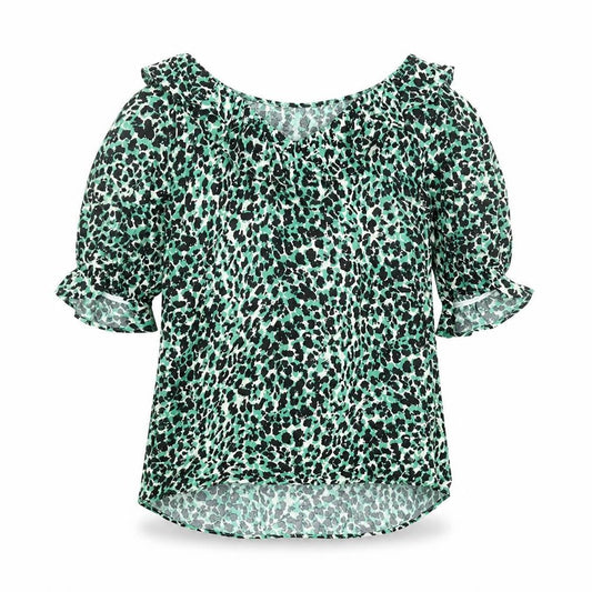 Marks & Spencer Womens Green Animal Print Viscose Basic Blouse Size 10 V-Neck - Frill Leopard Print