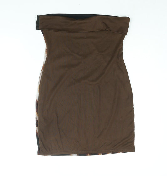 PRETTYLITTLETHING Womens Brown Geometric Polyester Bodycon Size 14 Square Neck Pullover