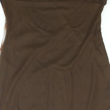 PRETTYLITTLETHING Womens Brown Geometric Polyester Bodycon Size 14 Square Neck Pullover