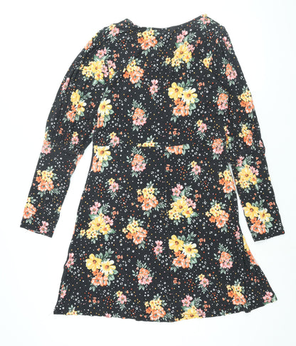 Dorothy Perkins Womens Black Floral Viscose A-Line Size 14 Round Neck Pullover