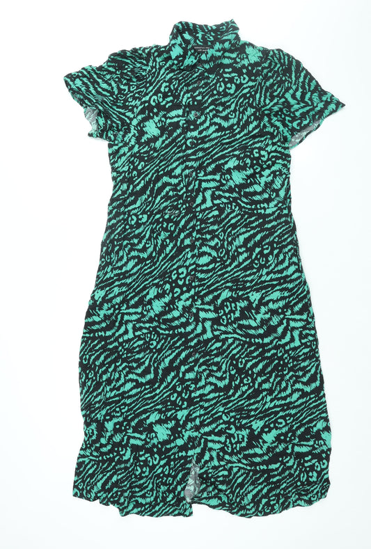 Dorothy Perkins Womens Green Animal Print Viscose Shirt Dress Size 14 Collared Button