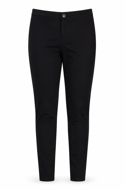 Front view of Denim & Co. women’s black cotton blend tapered jeans, size UK 14, 30-inch leg regular zip