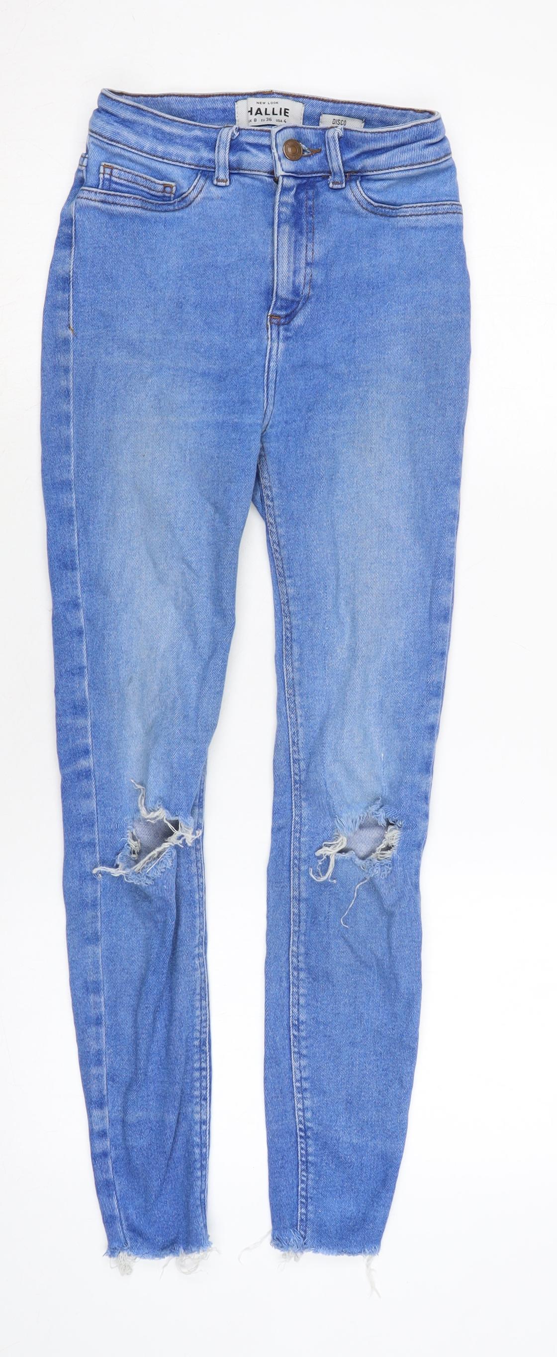 New Look Womens Blue Cotton Blend Straight Jeans Size 8 L26 in Regular Zip - Raw Hem